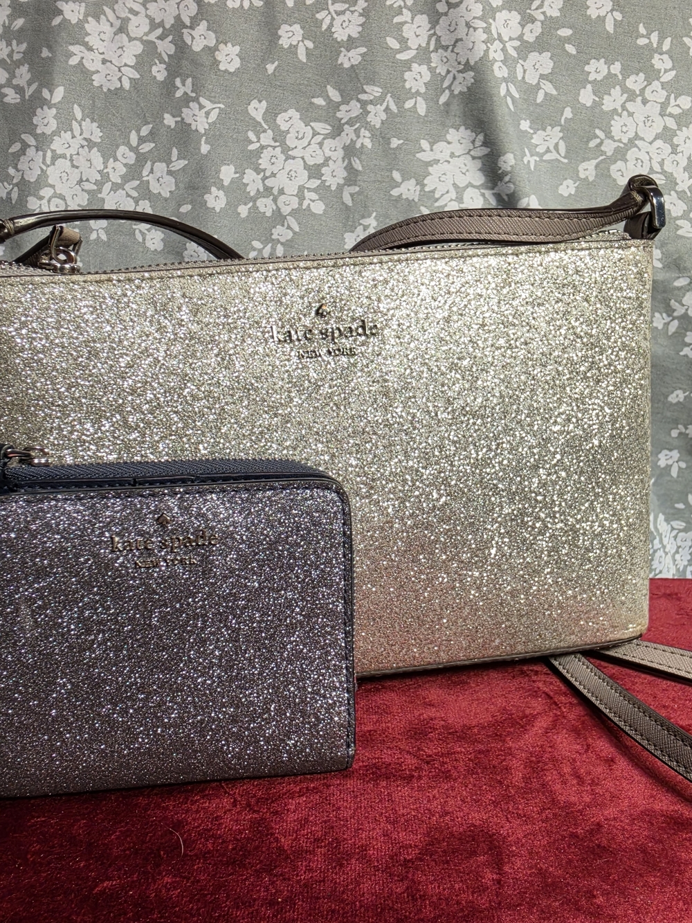kate spade Bundle - Silver Glitter Crossbody + Navy Glitter Zip Wallet